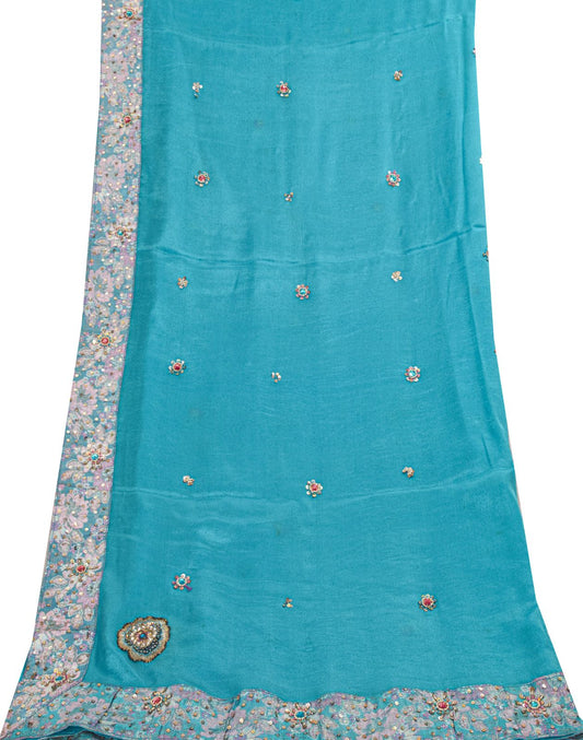 Sanskriti Vintage Blue 100%Pure Silk Dupatta/Stole Hand Beaded Wedding Soft Veil