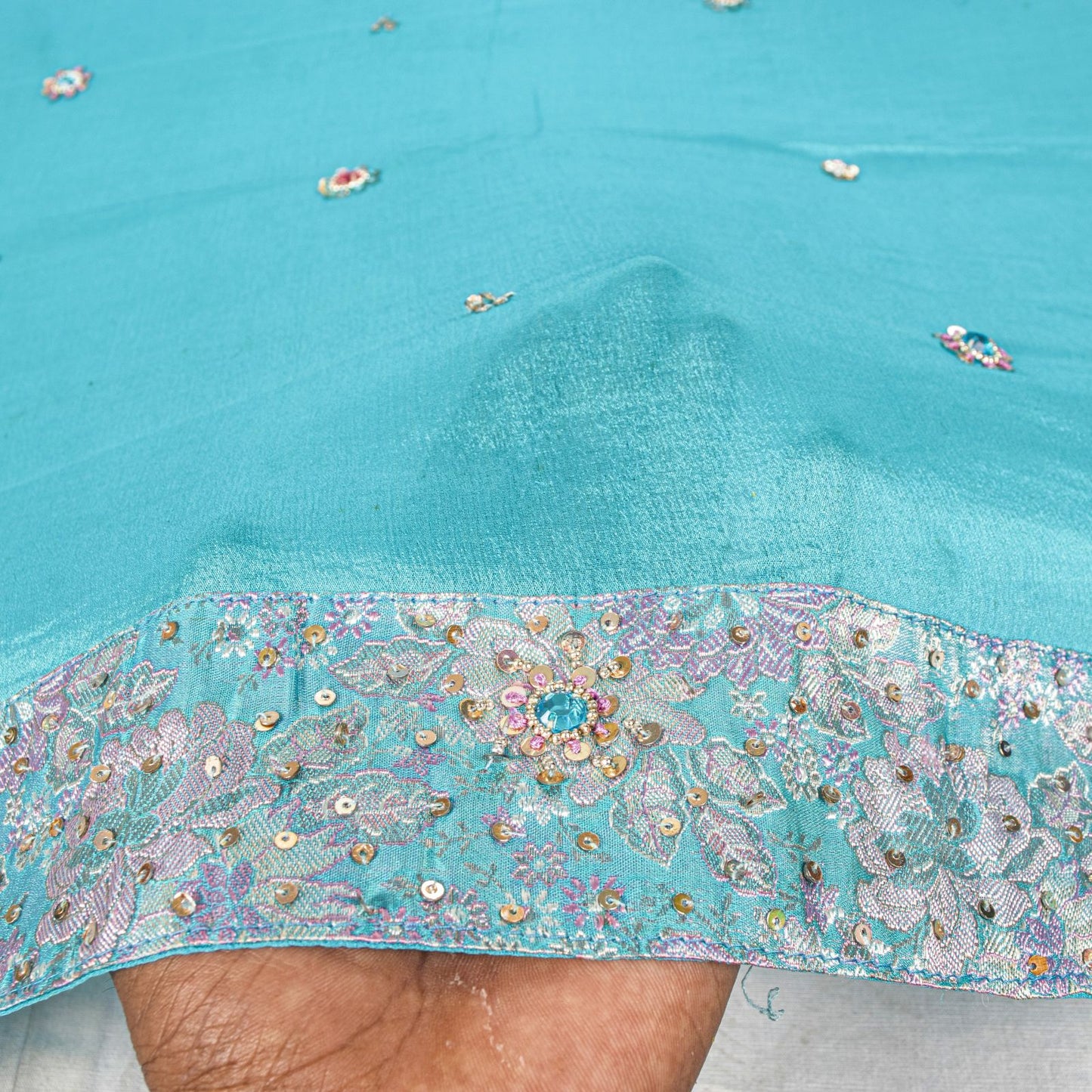 Sanskriti Vintage Blue 100%Pure Silk Dupatta/Stole Hand Beaded Wedding Soft Veil