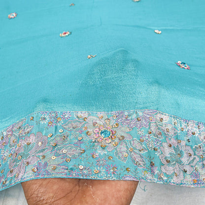 Sanskriti Vintage Blue 100%Pure Silk Dupatta/Stole Hand Beaded Wedding Soft Veil