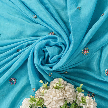 Sanskriti Vintage Blue 100%Pure Silk Dupatta/Stole Hand Beaded Wedding Soft Veil