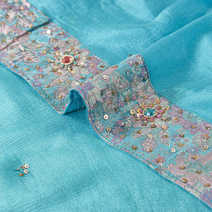Sanskriti Vintage Blue 100%Pure Silk Dupatta/Stole Hand Beaded Wedding Soft Veil