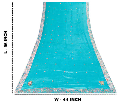 Sanskriti Vintage Blue 100%Pure Silk Dupatta/Stole Hand Beaded Wedding Soft Veil