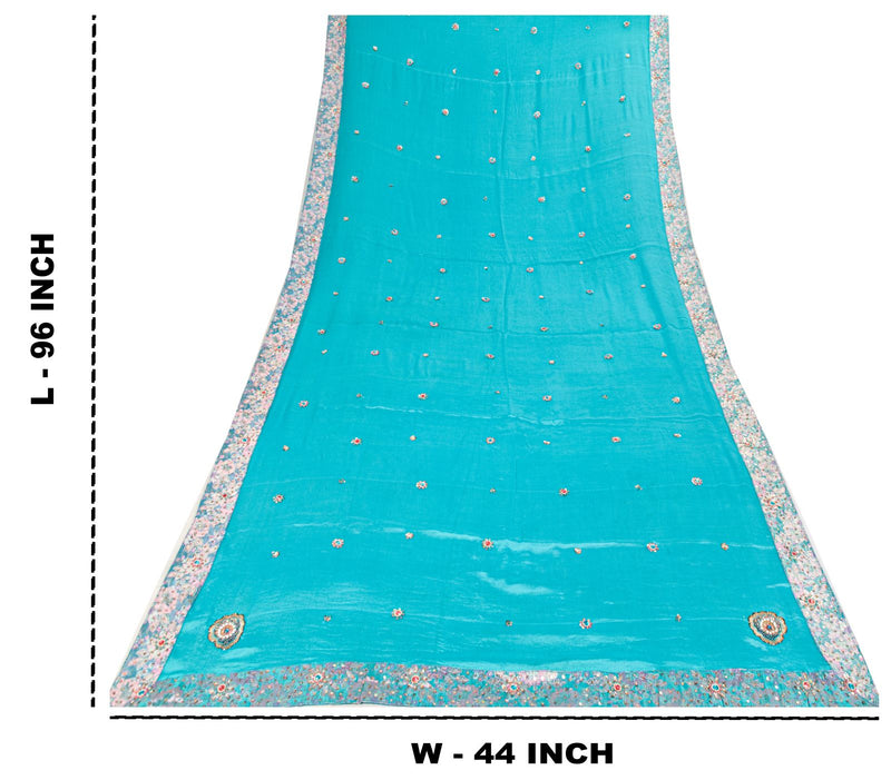 Sanskriti Vintage Blue 100%Pure Silk Dupatta/Stole Hand Beaded Wedding Soft Veil