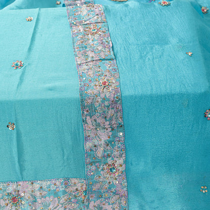 Sanskriti Vintage Blue 100%Pure Silk Dupatta/Stole Hand Beaded Wedding Soft Veil