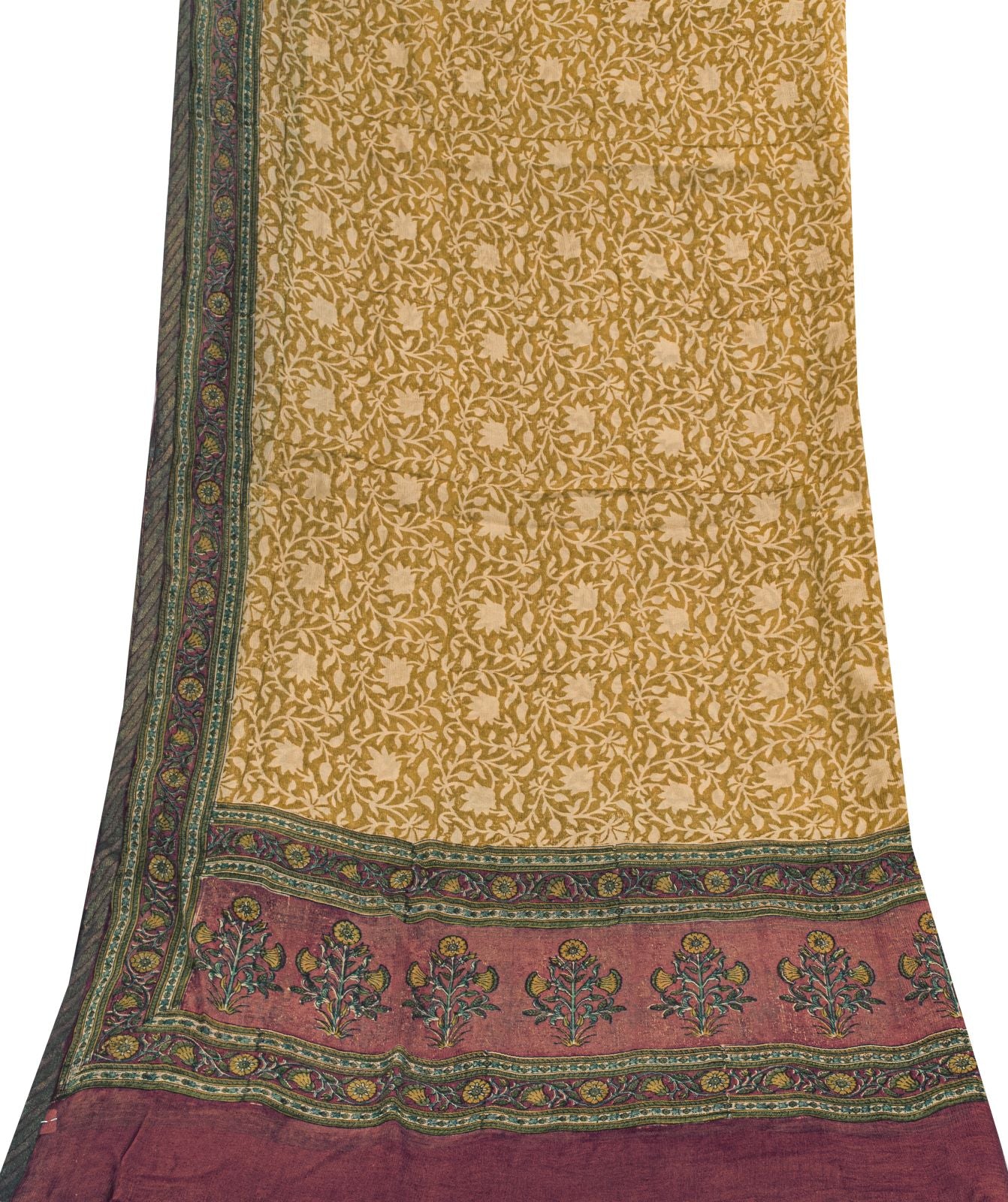 Sanskriti Vintage Yellow Pure Chiffon Dupatta/Stole Hand Block Kalamkari Veil