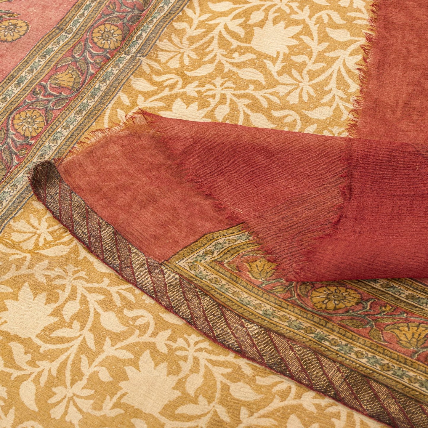 Sanskriti Vintage Yellow Pure Chiffon Dupatta/Stole Hand Block Kalamkari Veil