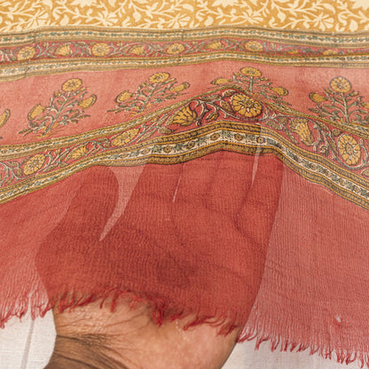 Sanskriti Vintage Yellow Pure Chiffon Dupatta/Stole Hand Block Kalamkari Veil