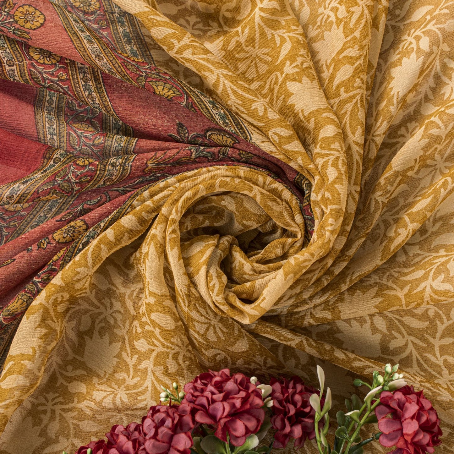 Sanskriti Vintage Yellow Pure Chiffon Dupatta/Stole Hand Block Kalamkari Veil