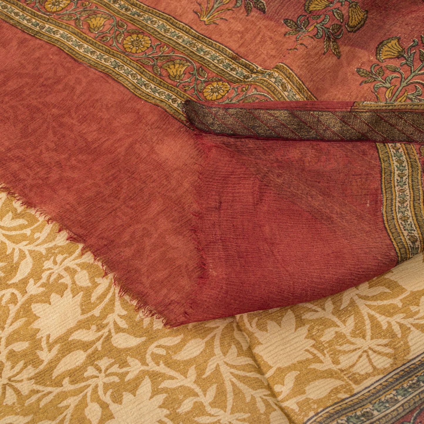 Sanskriti Vintage Yellow Pure Chiffon Dupatta/Stole Hand Block Kalamkari Veil