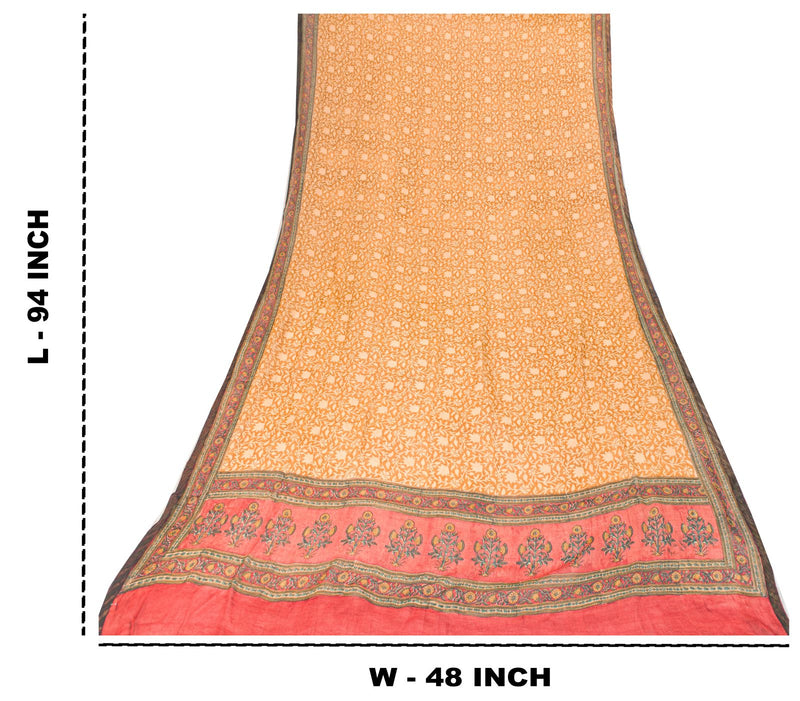 Sanskriti Vintage Yellow Pure Chiffon Dupatta/Stole Hand Block Kalamkari Veil