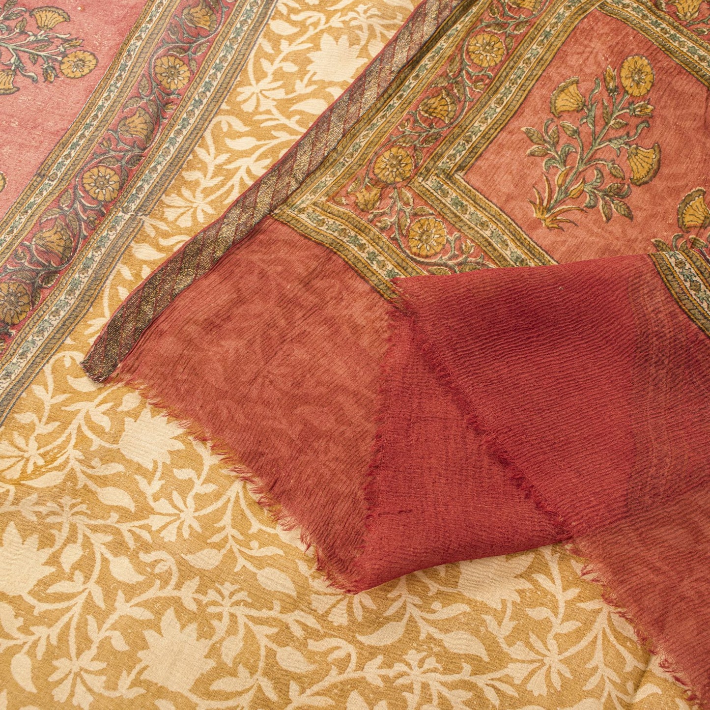 Sanskriti Vintage Yellow Pure Chiffon Dupatta/Stole Hand Block Kalamkari Veil