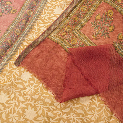 Sanskriti Vintage Yellow Pure Chiffon Dupatta/Stole Hand Block Kalamkari Veil