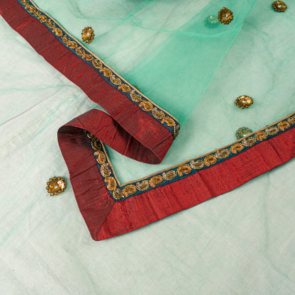 Sanskriti Vintage Green Net Dupatta/Stole Hand Embroidered Zardozi Wedding Veil