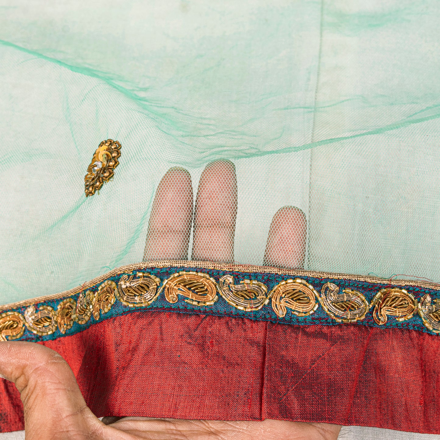 Sanskriti Vintage Green Net Dupatta/Stole Hand Embroidered Zardozi Wedding Veil