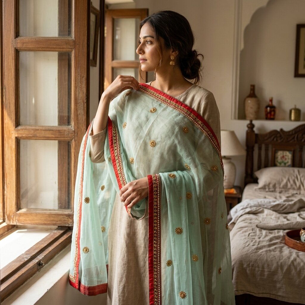 Sanskriti Vintage Green Net Dupatta/Stole Hand Embroidered Zardozi Wedding Veil