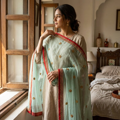 Sanskriti Vintage Green Net Dupatta/Stole Hand Embroidered Zardozi Wedding Veil