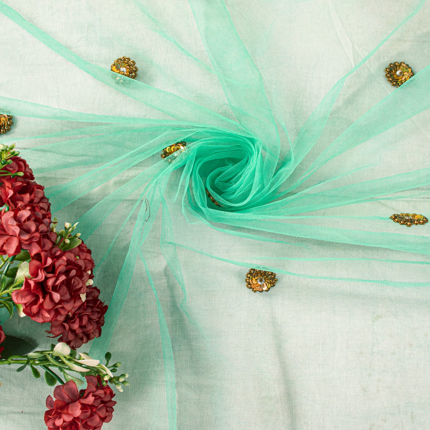 Sanskriti Vintage Green Net Dupatta/Stole Hand Embroidered Zardozi Wedding Veil
