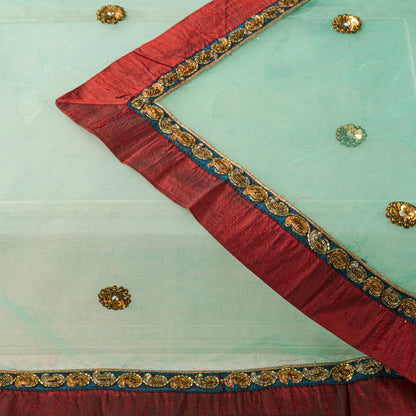 Sanskriti Vintage Green Net Dupatta/Stole Hand Embroidered Zardozi Wedding Veil