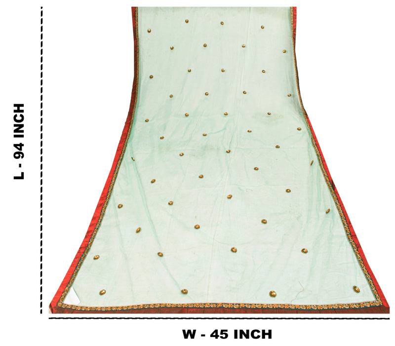 Sanskriti Vintage Green Net Dupatta/Stole Hand Embroidered Zardozi Wedding Veil