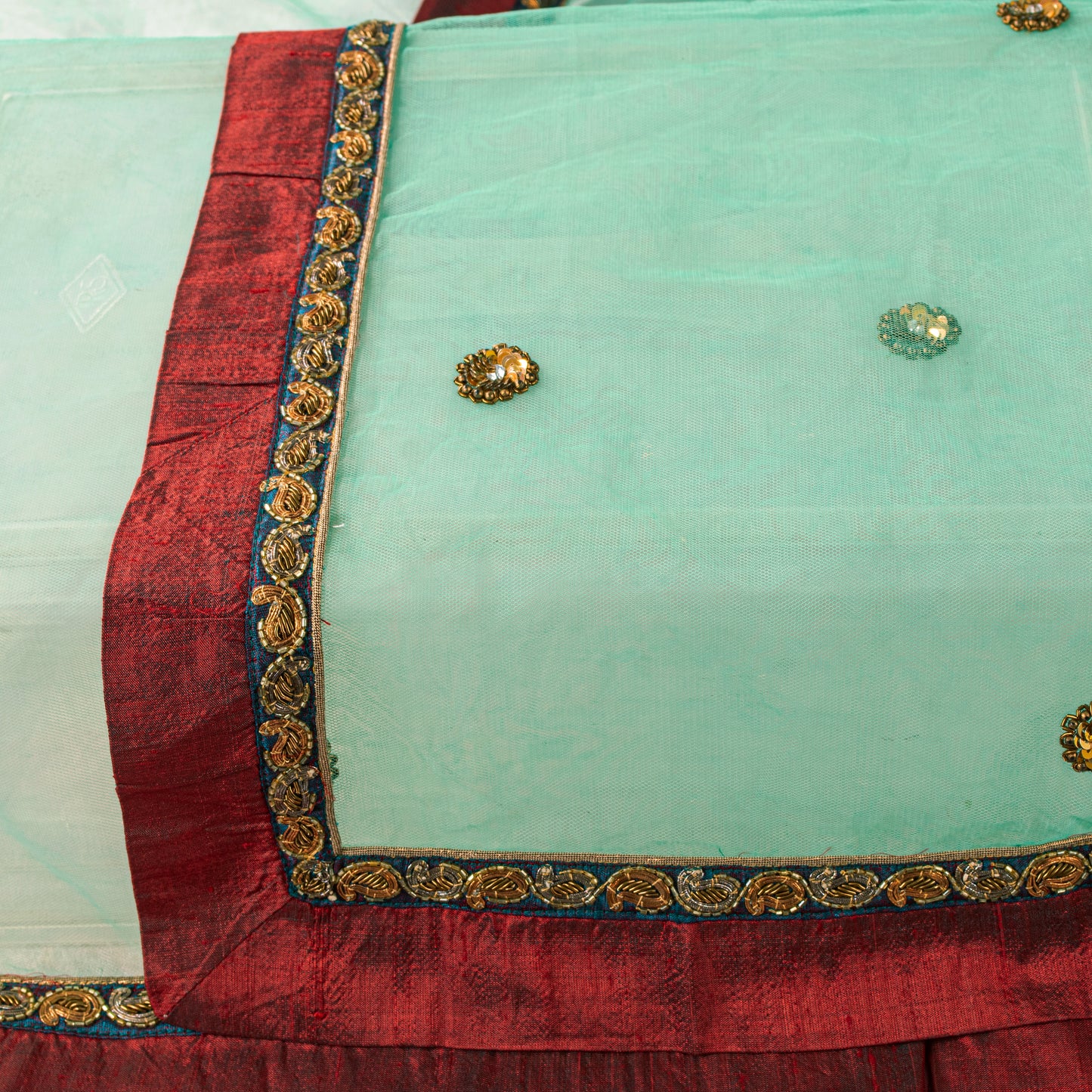 Sanskriti Vintage Green Net Dupatta/Stole Hand Embroidered Zardozi Wedding Veil