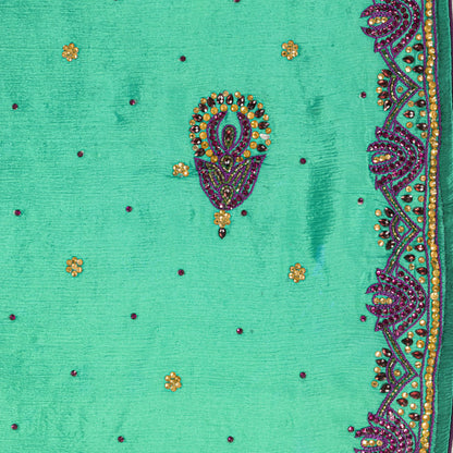 Sanskriti Vintage Green Pure Silk Dupatta/Stole Hand Beads Traditional Soft Veil