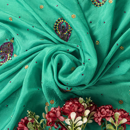 Sanskriti Vintage Green Pure Silk Dupatta/Stole Hand Beads Traditional Soft Veil