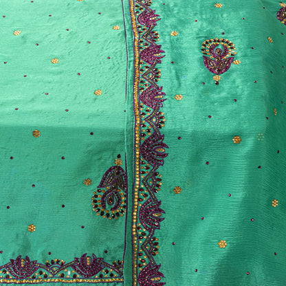 Sanskriti Vintage Green Pure Silk Dupatta/Stole Hand Beads Traditional Soft Veil