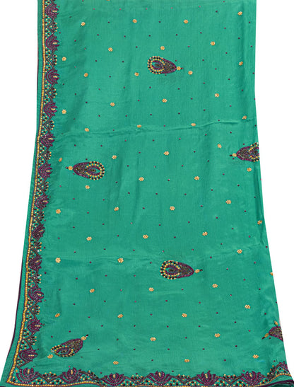 Sanskriti Vintage Green Pure Silk Dupatta/Stole Hand Beads Traditional Soft Veil