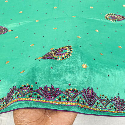 Sanskriti Vintage Green Pure Silk Dupatta/Stole Hand Beads Traditional Soft Veil
