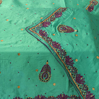 Sanskriti Vintage Green Pure Silk Dupatta/Stole Hand Beads Traditional Soft Veil