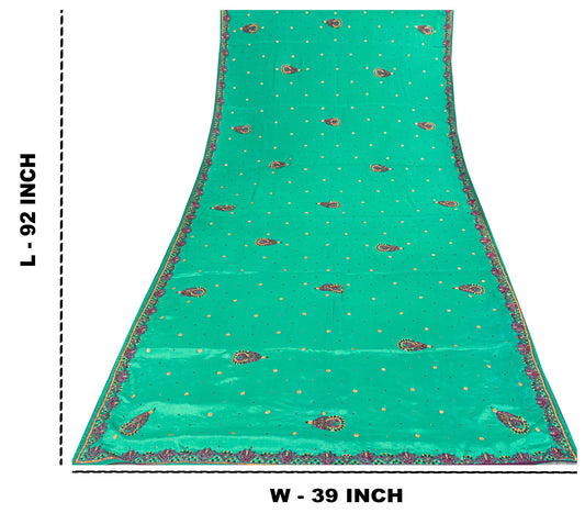 Sanskriti Vintage Green Pure Silk Dupatta/Stole Hand Beads Traditional Soft Veil