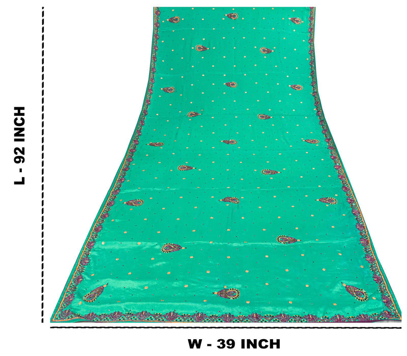 Sanskriti Vintage Green Pure Silk Dupatta/Stole Hand Beads Traditional Soft Veil