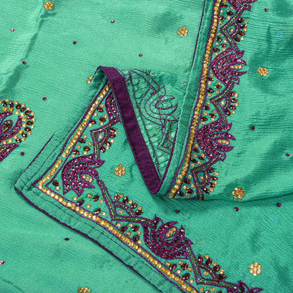 Sanskriti Vintage Green Pure Silk Dupatta/Stole Hand Beads Traditional Soft Veil