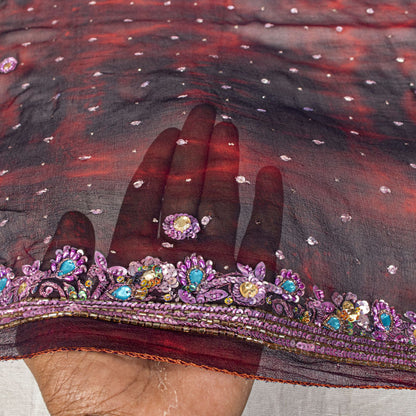 Sanskriti Vintage Wine Pure Georgette Silk Dupatta/Stole Tie-Dye-Hand Bead Veil