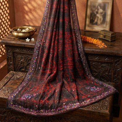 Sanskriti Vintage Wine Pure Georgette Silk Dupatta/Stole Tie-Dye-Hand Bead Veil