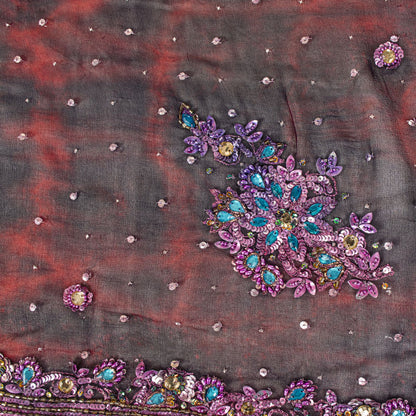 Sanskriti Vintage Wine Pure Georgette Silk Dupatta/Stole Tie-Dye-Hand Bead Veil