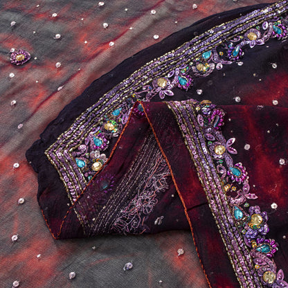Sanskriti Vintage Wine Pure Georgette Silk Dupatta/Stole Tie-Dye-Hand Bead Veil