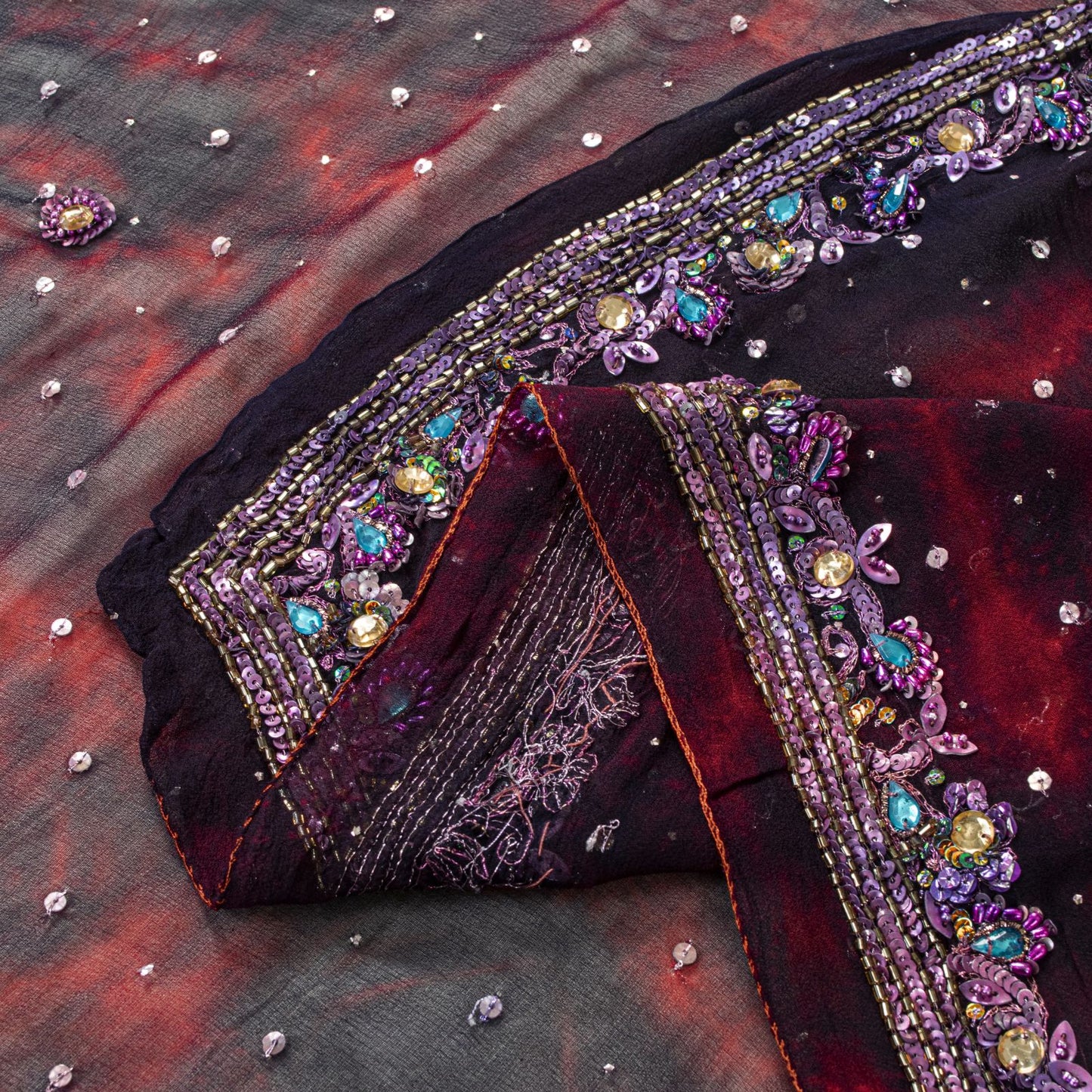 Sanskriti Vintage Wine Pure Georgette Silk Dupatta/Stole Tie-Dye-Hand Bead Veil