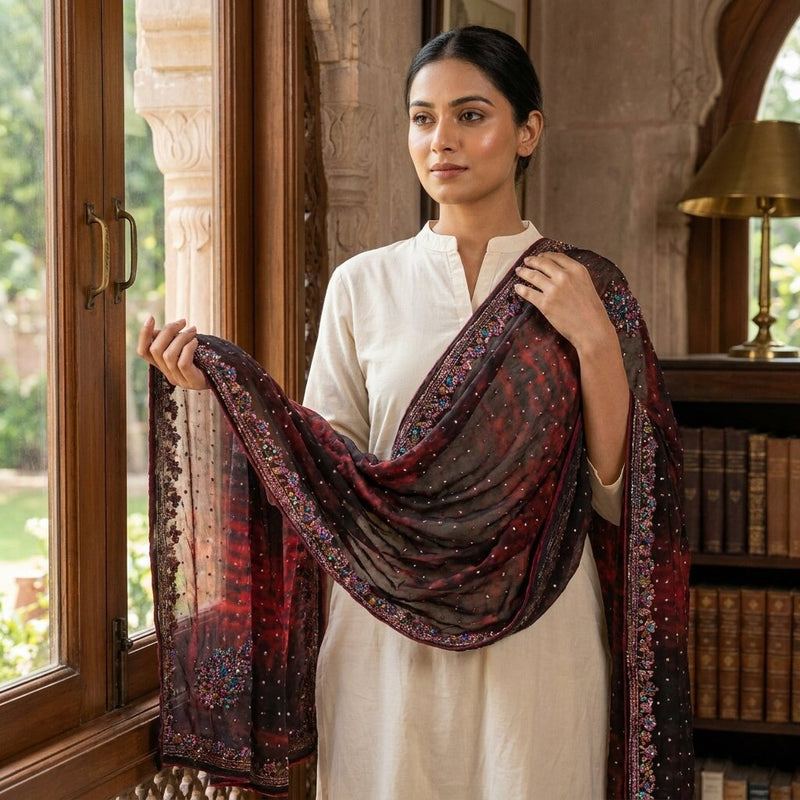 Sanskriti Vintage Wine Pure Georgette Silk Dupatta/Stole Tie-Dye-Hand Bead Veil