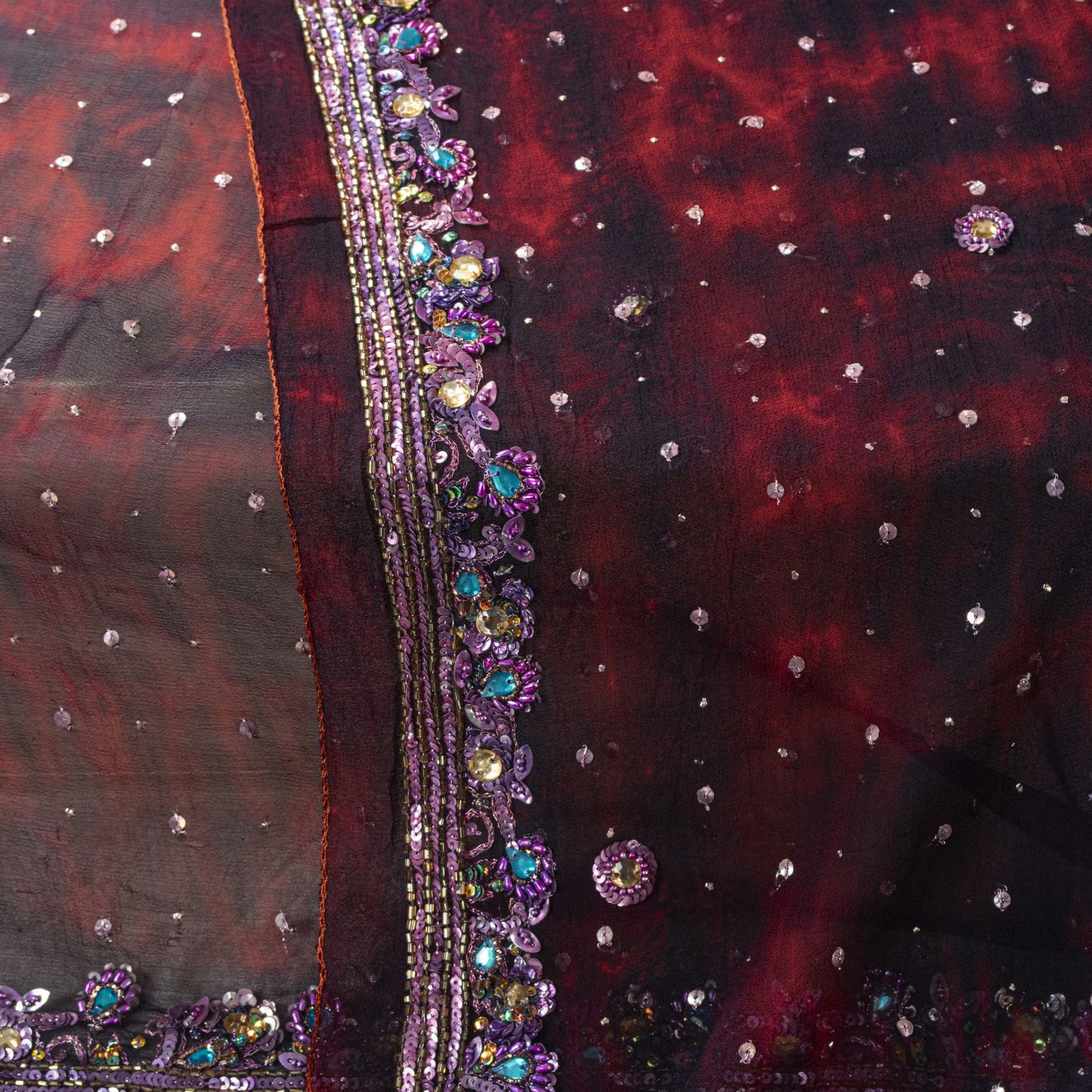 Sanskriti Vintage Wine Pure Georgette Silk Dupatta/Stole Tie-Dye-Hand Bead Veil