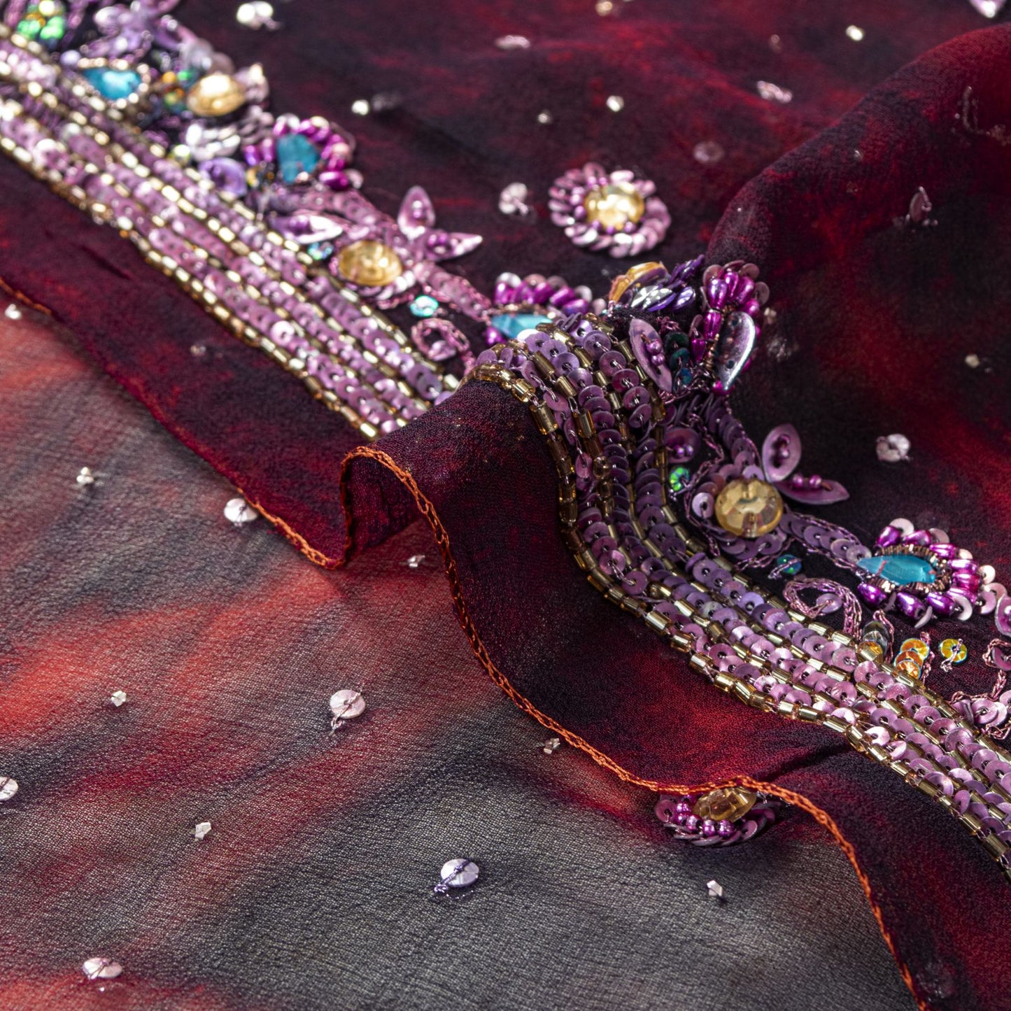 Sanskriti Vintage Wine Pure Georgette Silk Dupatta/Stole Tie-Dye-Hand Bead Veil