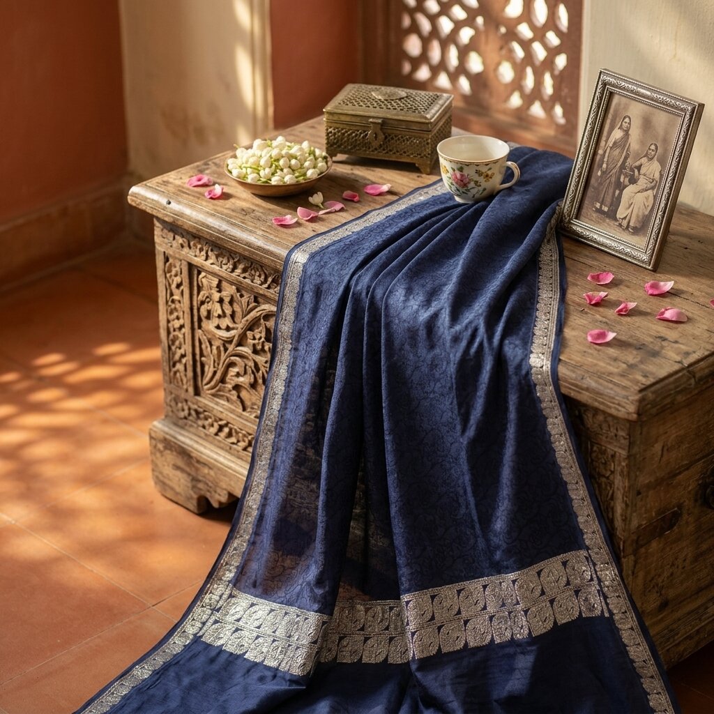 Sanskriti Vintage Blue Pure Silk Dupatta/Stole Indian Bandhani Woven Floral Veil