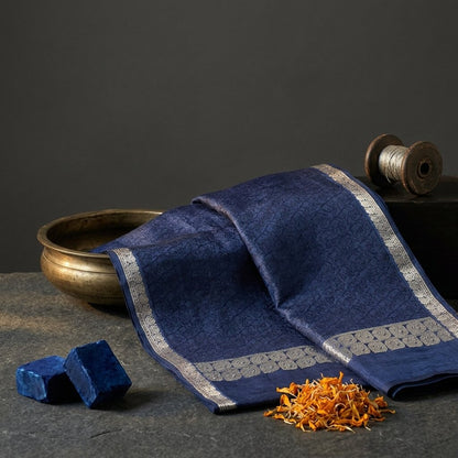Sanskriti Vintage Blue Pure Silk Dupatta/Stole Indian Bandhani Woven Floral Veil
