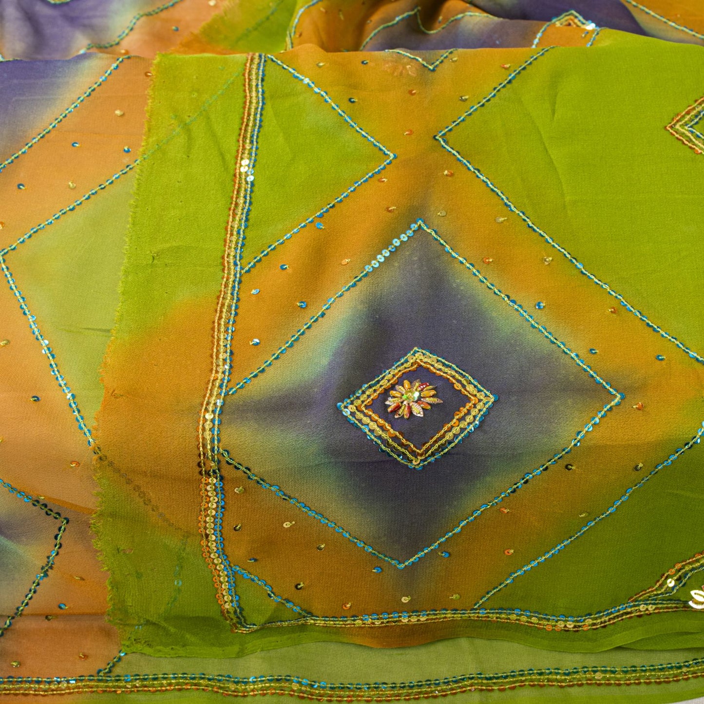 Sanskriti Vintage Green Pure Georgette Dupatta/Stole Hand Beaded Wedding Veil
