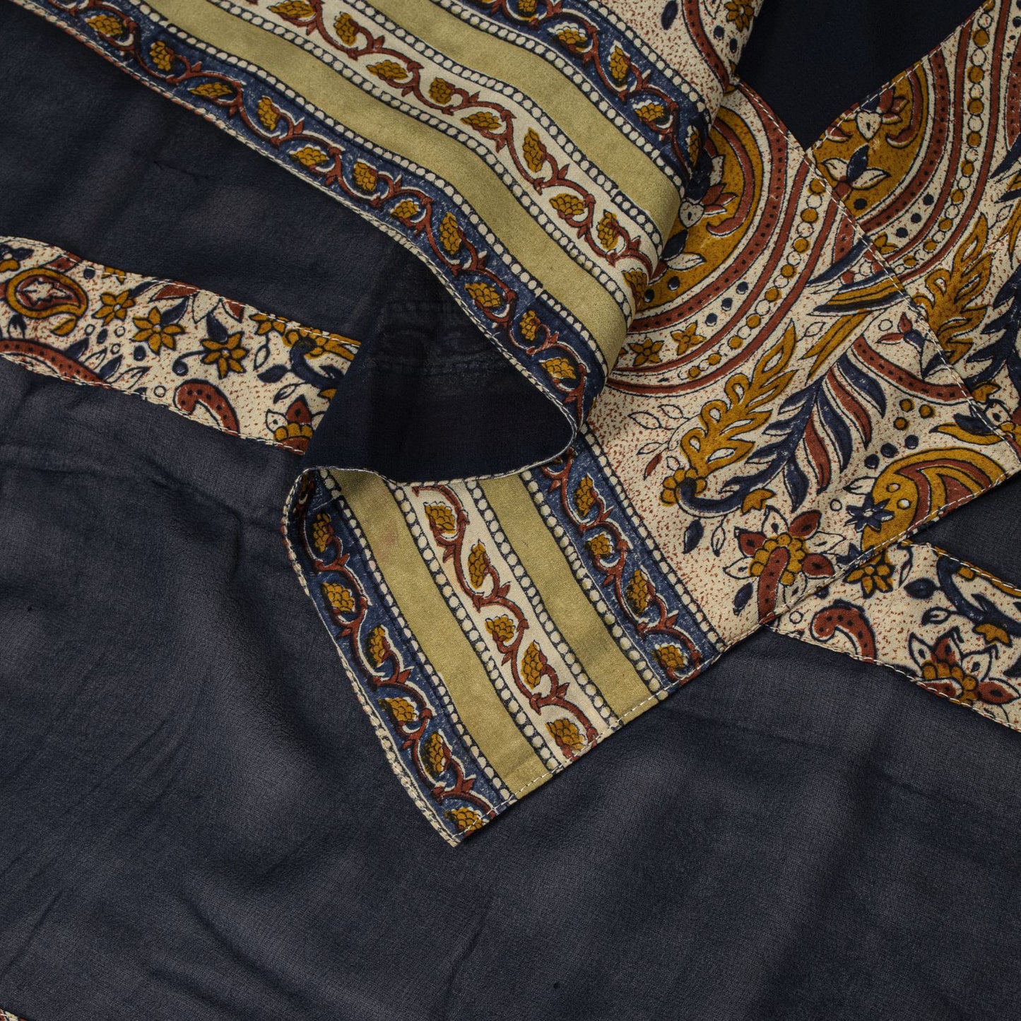 Sanskriti Vintage Blue Pure Georgette Dupatta/Stole Hand Block Kalamkari Patch