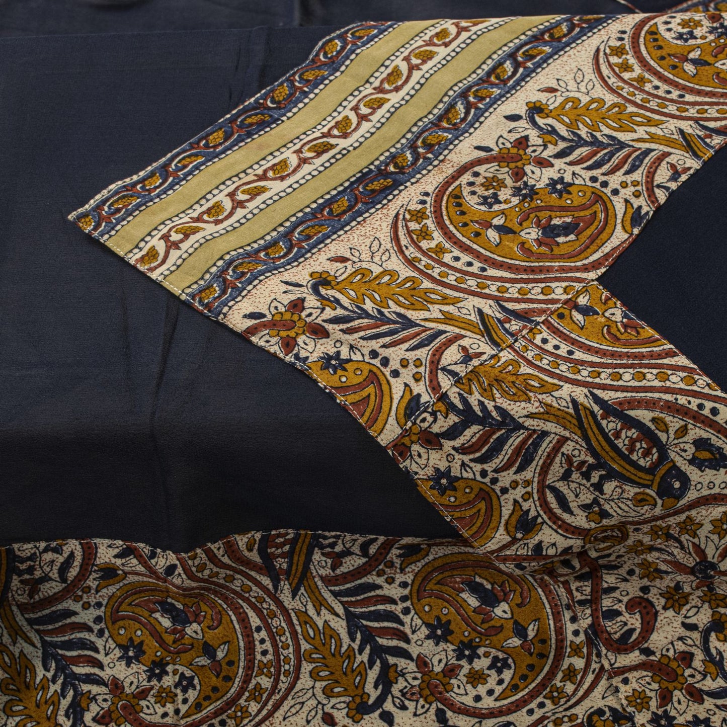 Sanskriti Vintage Blue Pure Georgette Dupatta/Stole Hand Block Kalamkari Patch