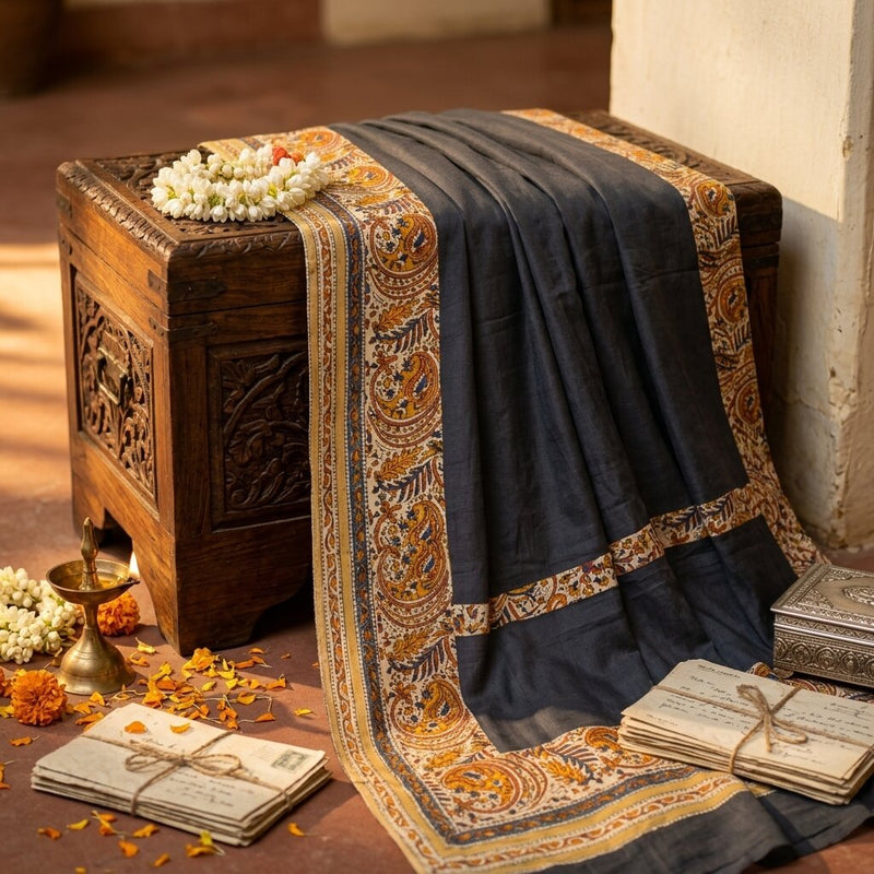 Sanskriti Vintage Blue Pure Georgette Dupatta/Stole Hand Block Kalamkari Patch