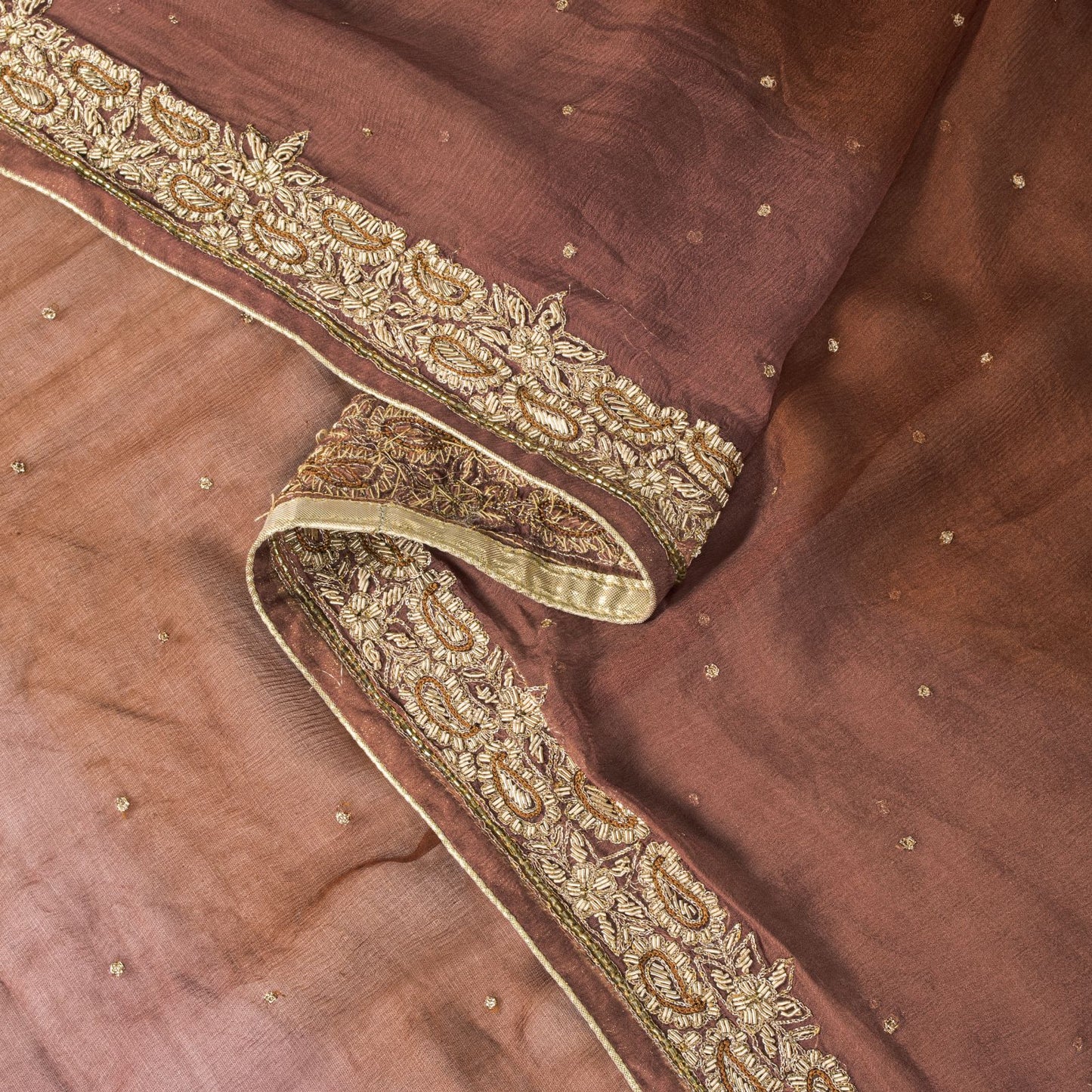 Sanskriti Vintage Brown Pure Chiffon Dupatta/Stole Hand Embroidered Zardozi Veil