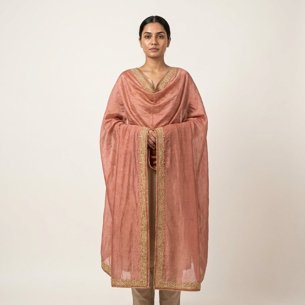 Sanskriti Vintage Brown Pure Chiffon Dupatta/Stole Hand Embroidered Zardozi Veil