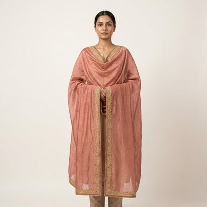 Sanskriti Vintage Brown Pure Chiffon Dupatta/Stole Hand Embroidered Zardozi Veil